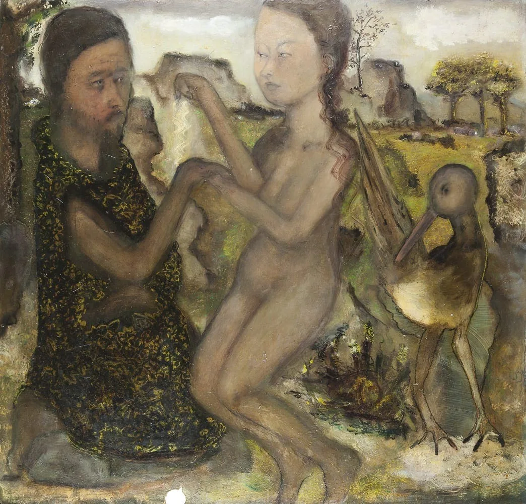 Hilarion Manero, Man, Woman and Bird, Öl auf Hartpappe, 2008: ein Mann, eine nackte Frau und ein großer Vogel in einer Landschaft