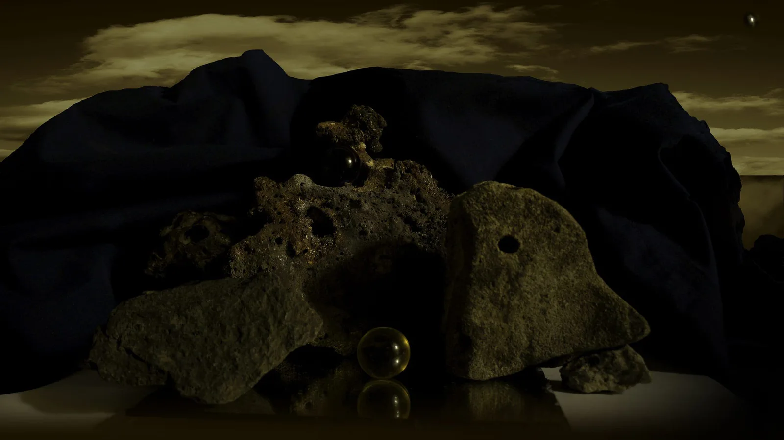 Hilarion Manero, Nox at the Doors of plutonium, 2014/15: dark painting with stones and cloth beneath an evening sky