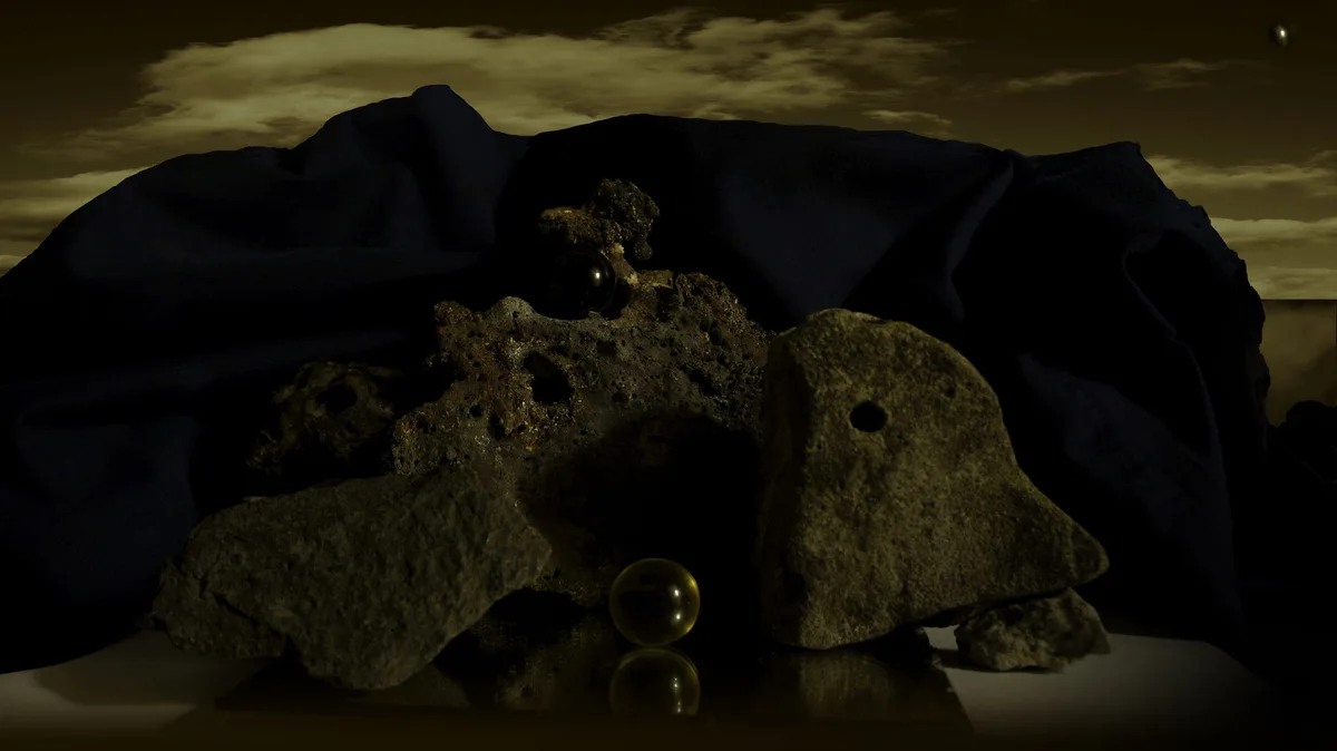 Hilarion Manero, Nox at the Doors of plutonium, 2014/15: dark painting with stones and cloth beneath an evening sky