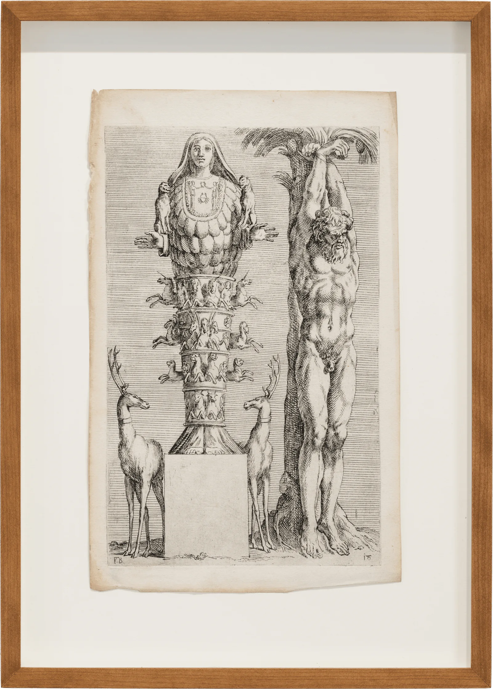 GABRIEL: framed old engraving with two figures, one of them the many-breasted Artemis of Ephesus, and a stag