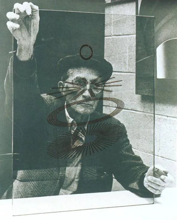 Richard Hamilton, Marcel Duchamp, 1967: portrait of Duchamp behind a glass sheet with circles and lines, black and white