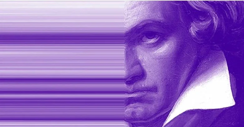 #bebeethoven: Porträt Beethovens in Violett, nach links in Streifen verzerrt