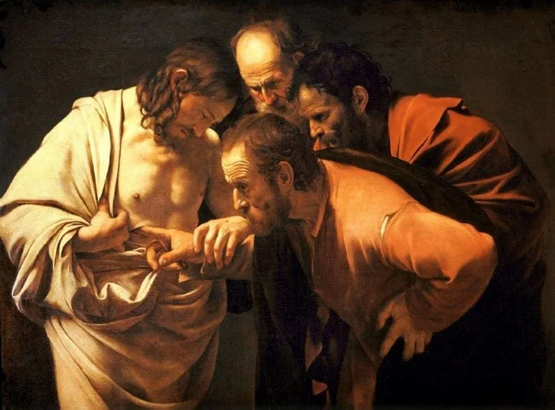 Caravaggio, The Incredulity of Saint Thomas, 1601–1602: painting in which Thomas puts his finger into the wound in Christ's side