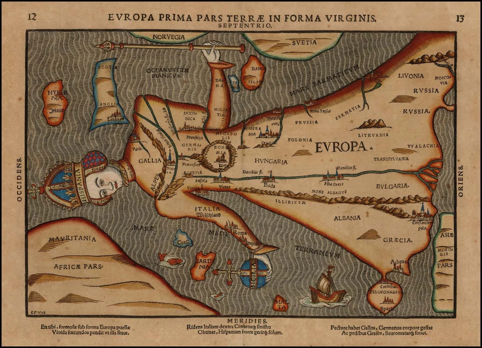 Europa Prima Pars Terræ in Forma Virginis: early map of Europe by Heinrich Bünting, 1582, showing the continent as a crowned female figure