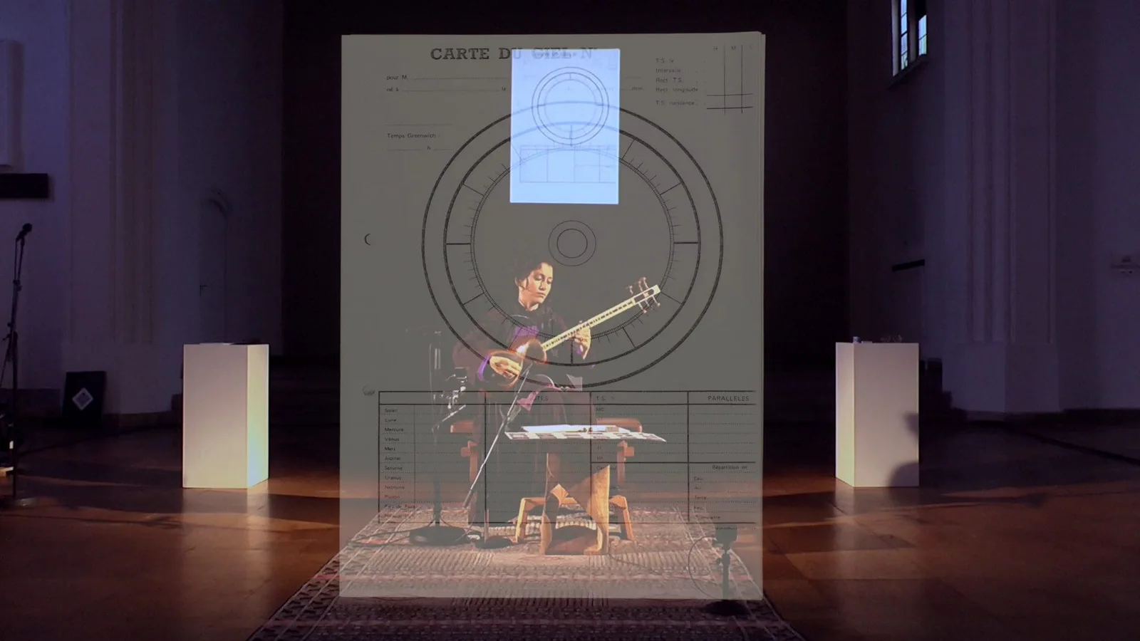 Elshan Ghasimi playing her tar at a concert beneath a projection in a bright hall, photo Frank Jacobsen