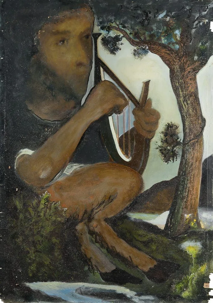 Hilarion Manero – Pan, 69 × 98 cm, 2002: painting of the shepherd god Pan with panpipes beneath a tree