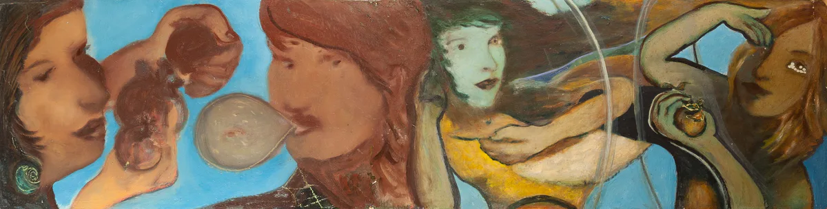 Hilarion Manero, Love is the Beauty of Defence, 2002: wide painting with several women's heads on a blue background