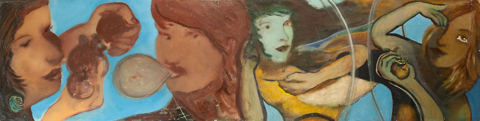 Hilarion Manero, Love is the Beauty of Defence, 2002: wide painting with several women's heads on a blue background