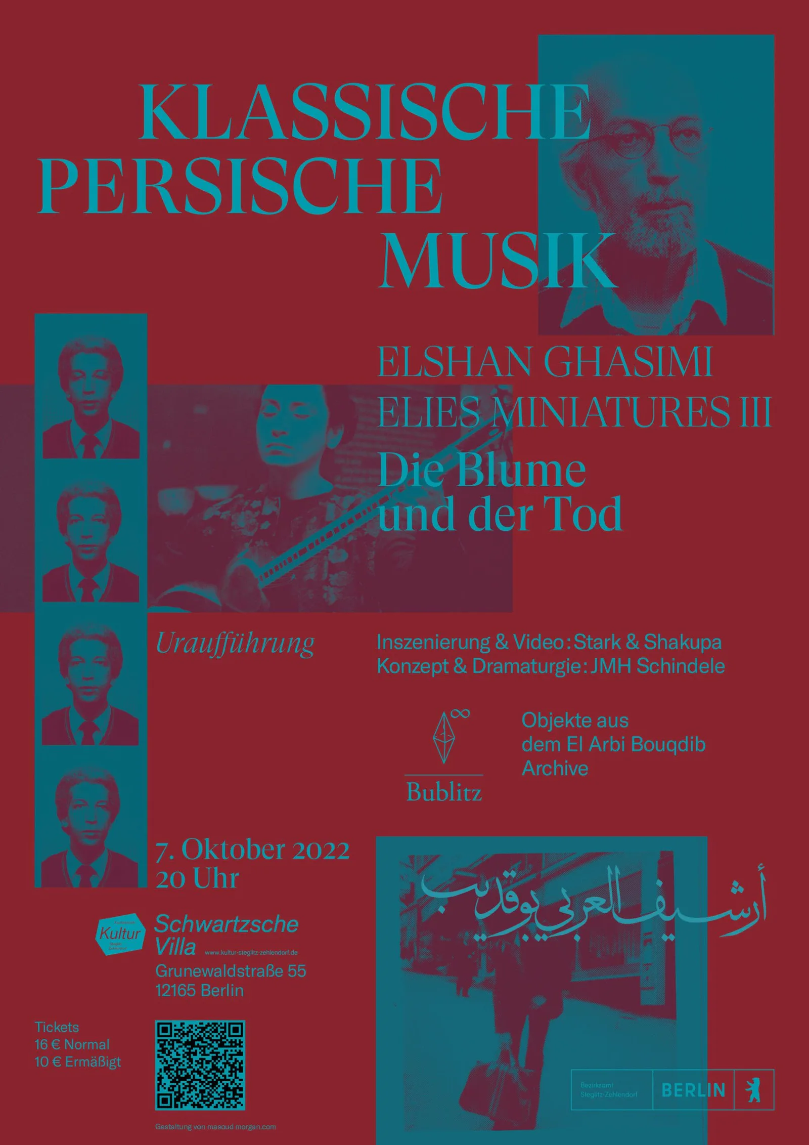 Plakat „Klassische Persische Musik – Elshan Ghasimi, Elies Miniatures III, Die Blume und der Tod“, 7. Oktober 2022, Schwartzsche Villa, rot