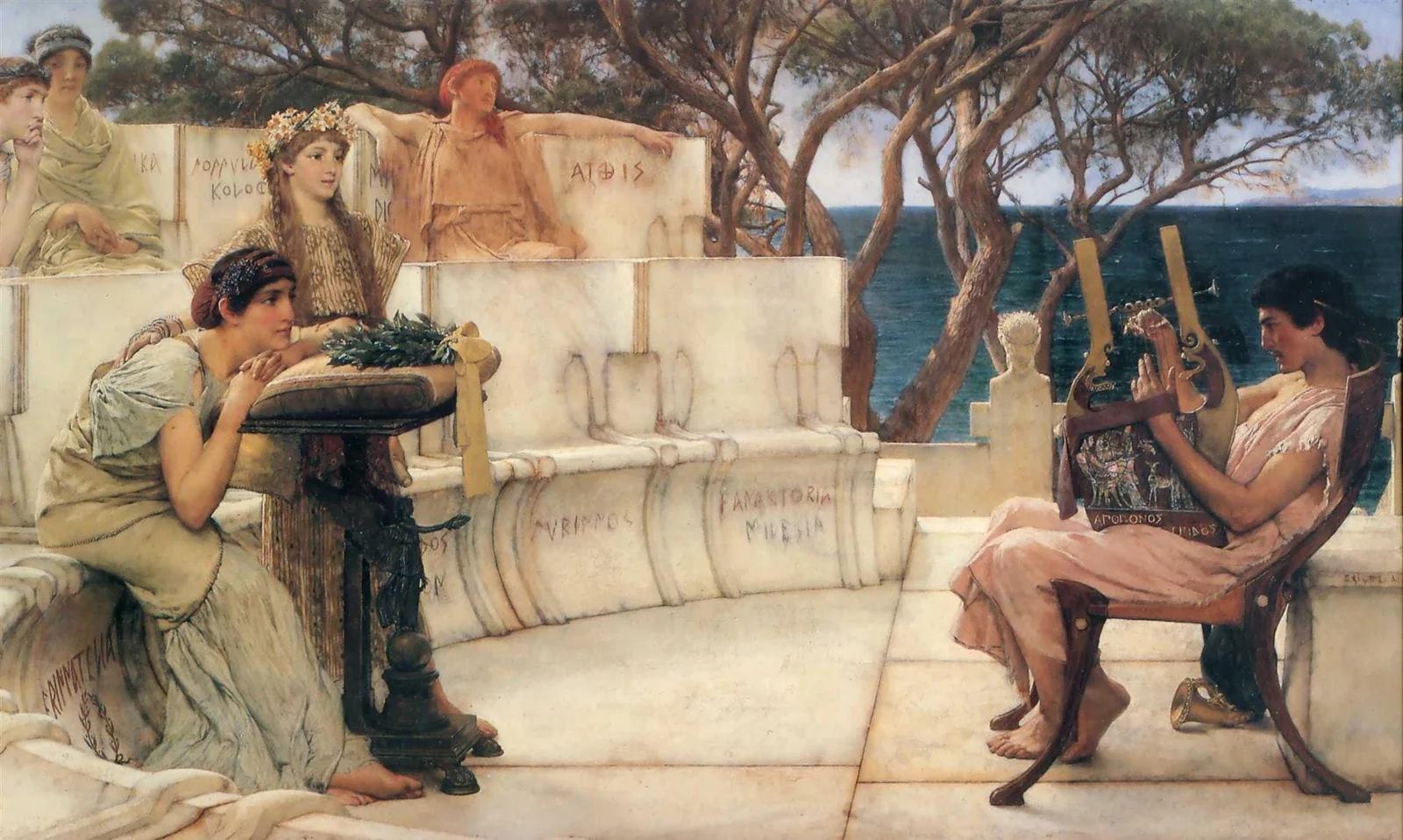 Sir Lawrence Alma-Tadema, Sappho und Alkaios, 1881: Gemälde mit Frauen auf Marmorbänken, die einem Lyraspieler zuhören, am Meer