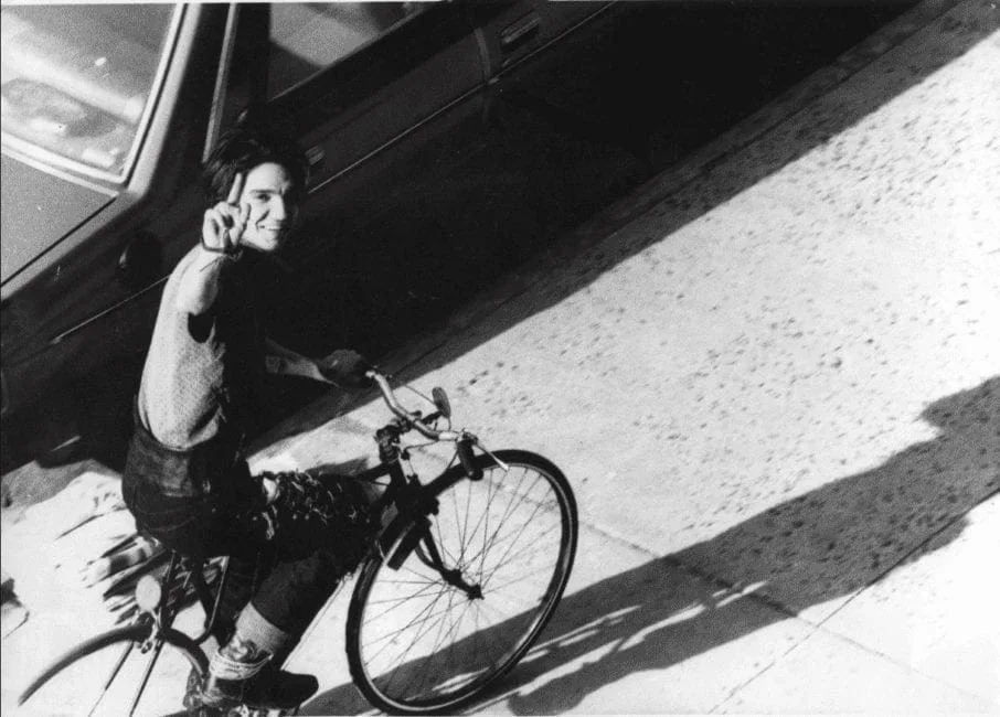 Hilarion Manero on a bicycle in the Upper West Side, New York, in 1978, black and white