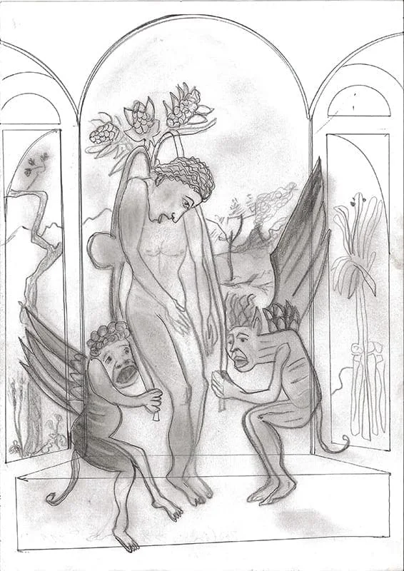 Hilarion Manero, Selfmorde des Judas, 2007: pencil and ballpoint drawing of a hanging figure between arches