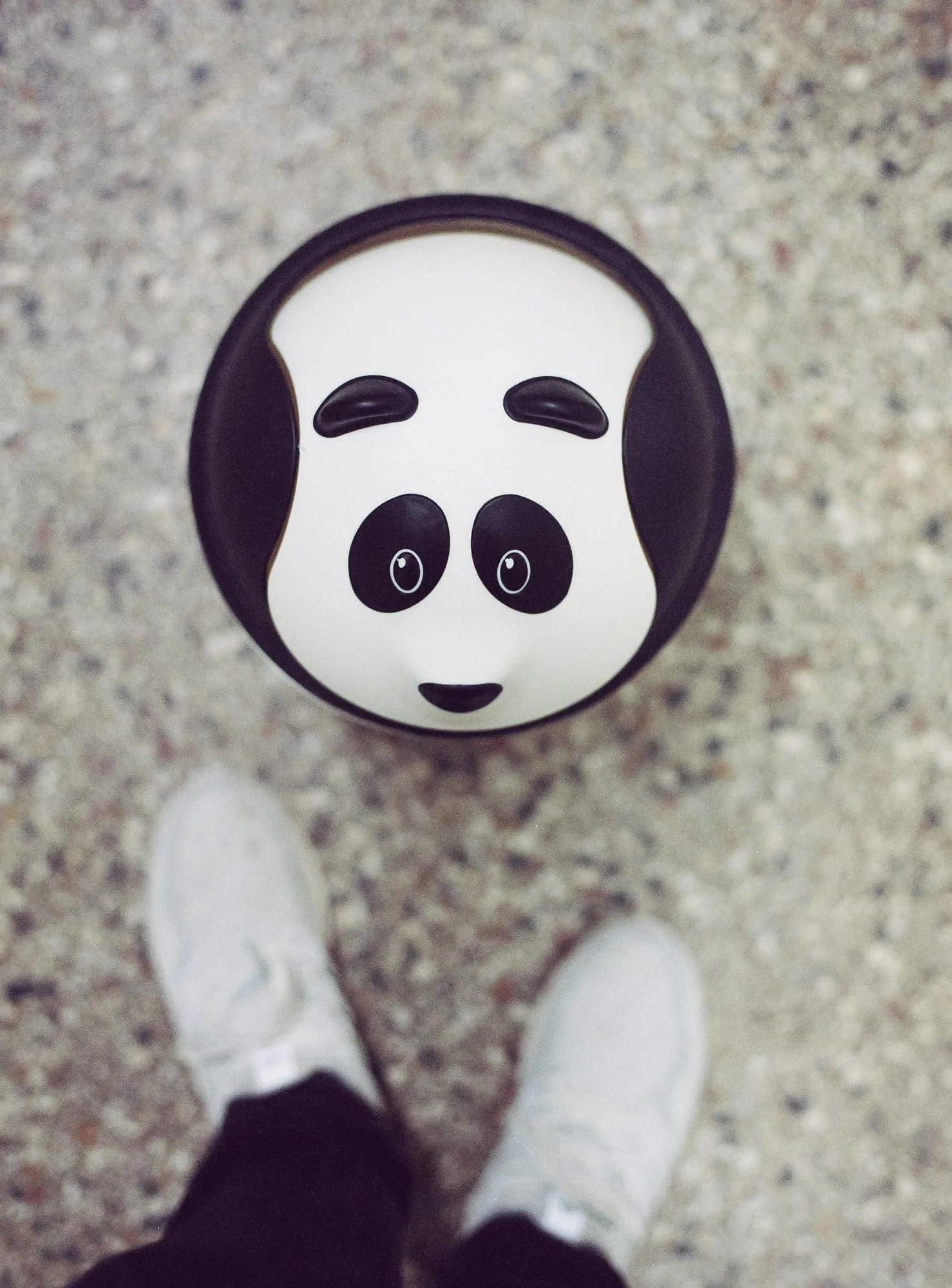 Stefan Hähnel: view from above of a panda mask on the floor between the photographer's feet