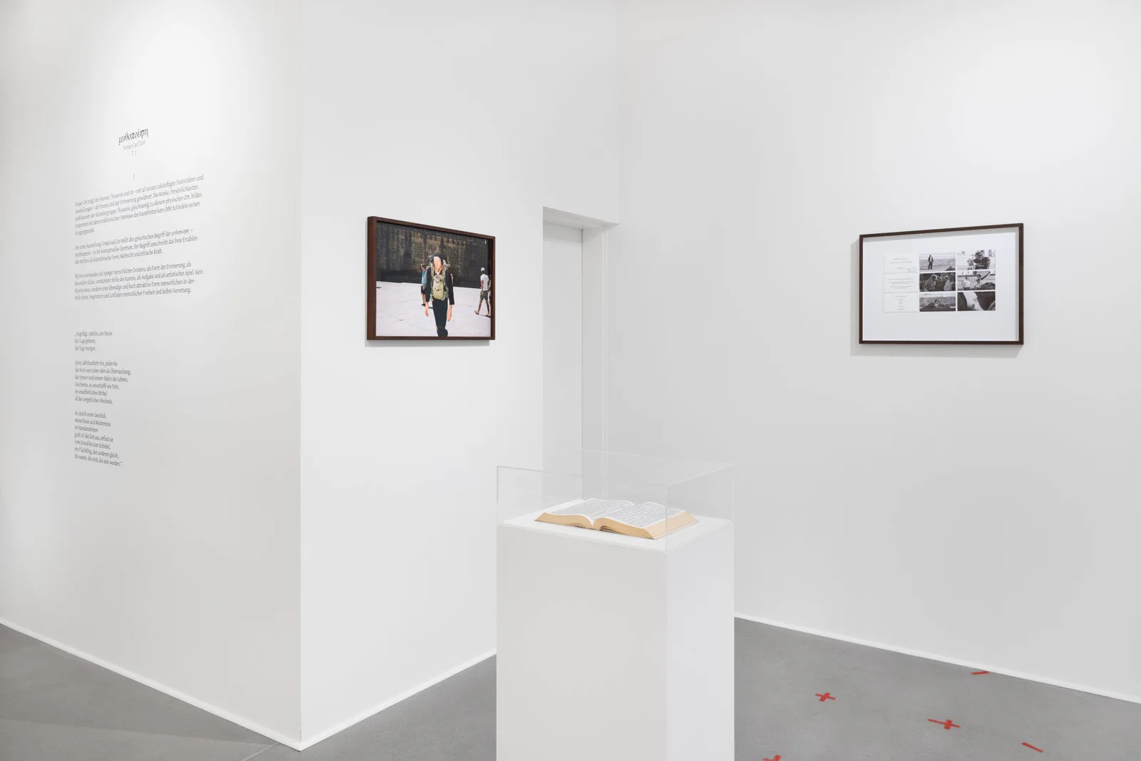Exhibition view: white room with a wall text, two framed photographs and a flat plinth