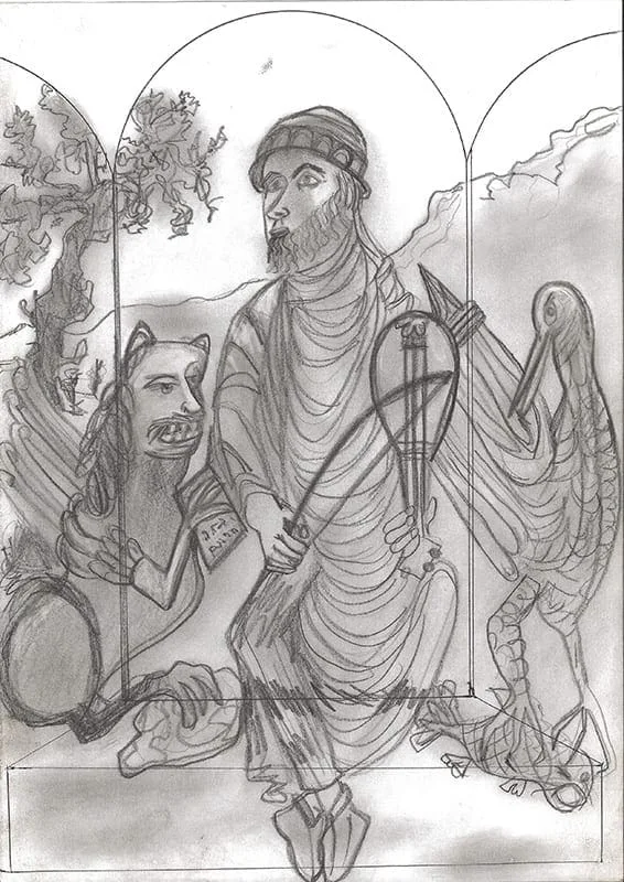 Hilarion Manero, Studie for King David, 2005: pencil and ballpoint drawing of a bearded man with a harp and a lion
