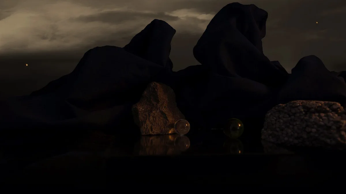 Hilarion Manero, The Book of Death (Chapter 5 – The whims of Uranus und der Mond Klymene), 2015: dark painting with rock shapes against a night sky