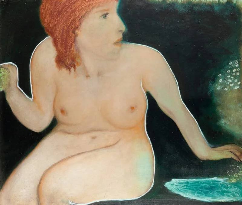 Hilarion Manero, Venus One – Thalassa, 2003: painting of a seated naked woman with red hair against a dark background