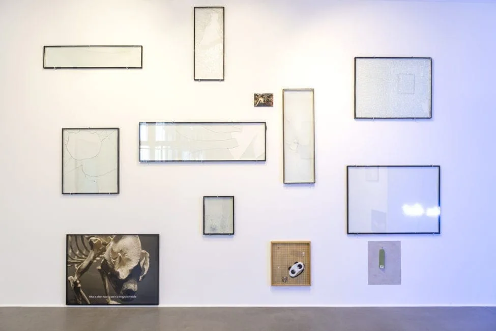 Nachricht vom letzten Menschen, exhibition view: wall with empty glass frames of various sizes and small pictures