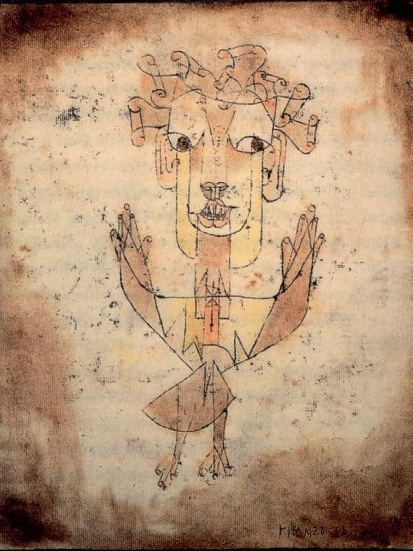 Paul Klee, Angelus Novus, 1920: drawing of an angel with a large head, curly hair and raised wings