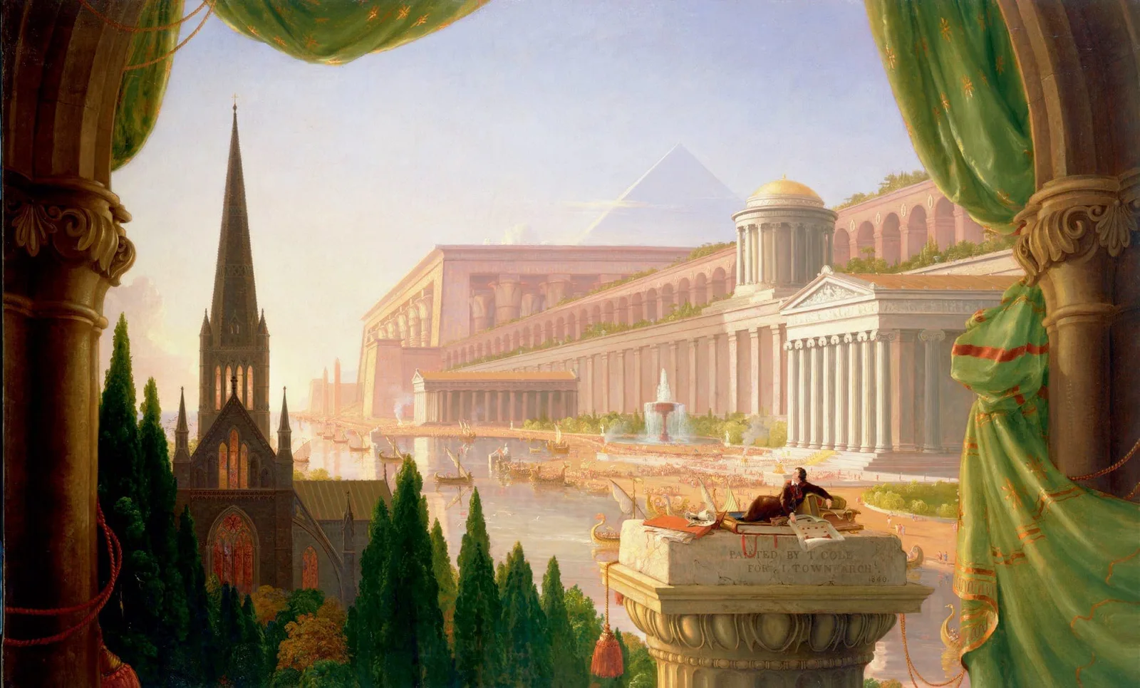 Thomas Cole, The Architect's Dream, 1840: painting with ancient temples, a pyramid and a Gothic church, in the foreground a man on a column