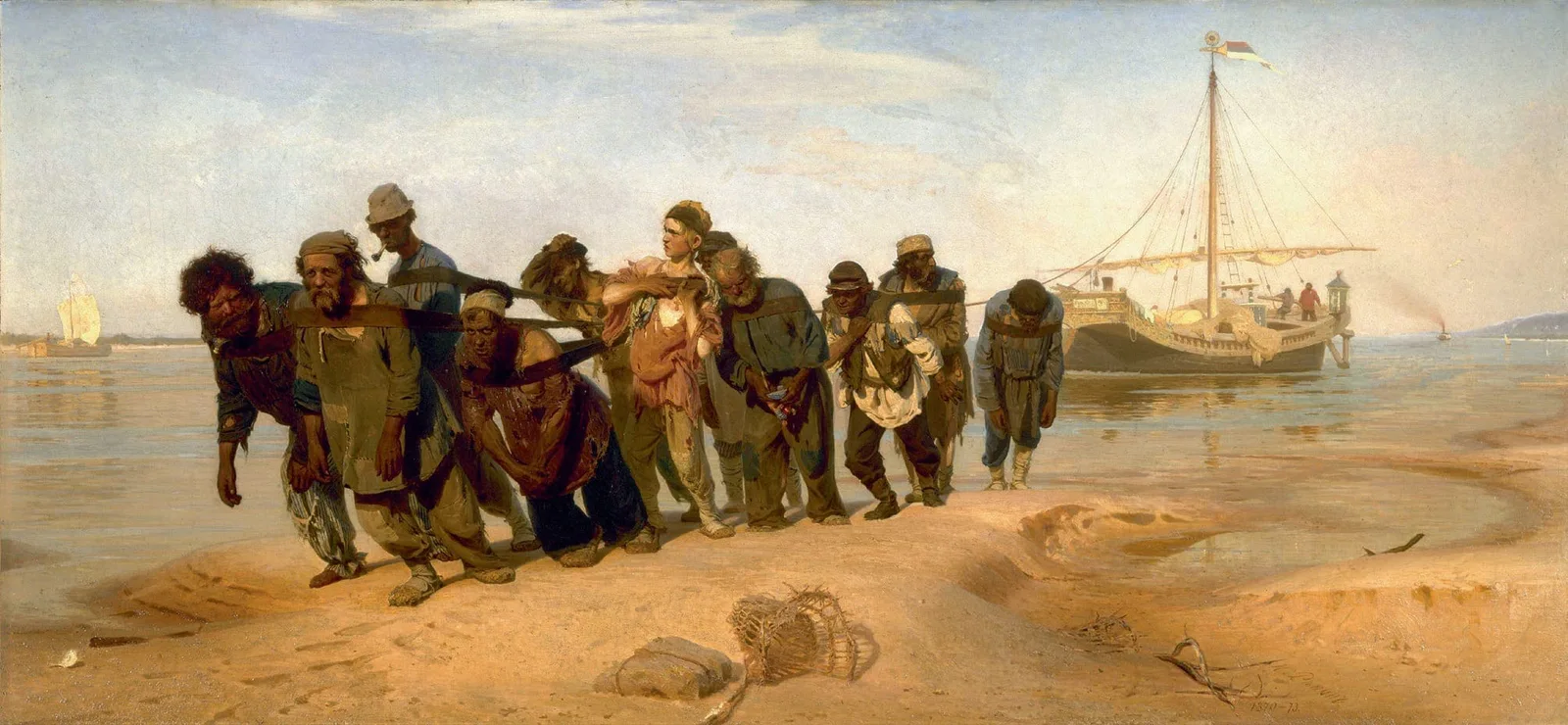 Ilya Repin, Barge Haulers on the Volga, 1872–1873: painting of a group of men hauling a ship along the riverbank