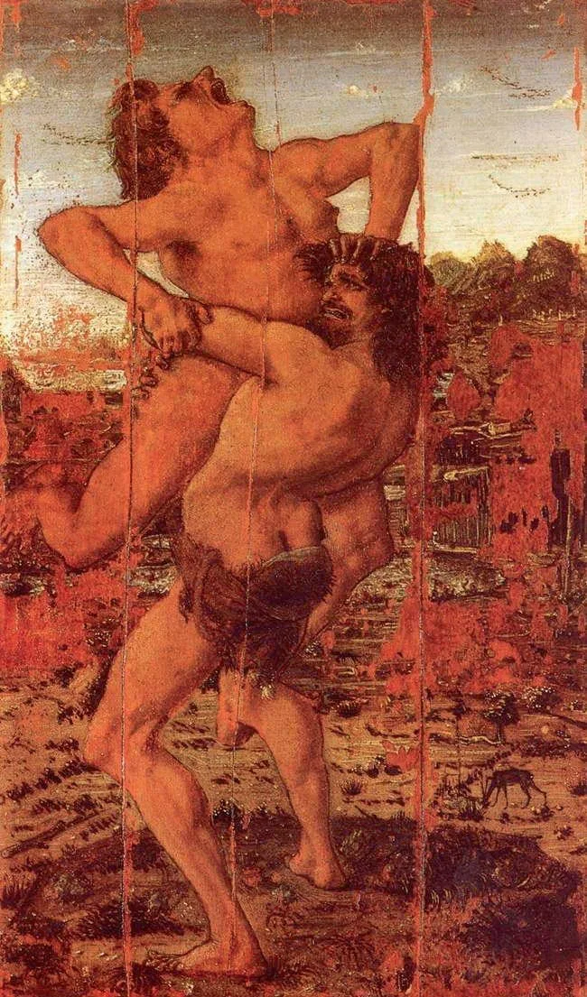 Antonio Pollaiuolo, Hercules and Antaeus, c. 1475: painting of two naked men wrestling, in red tones