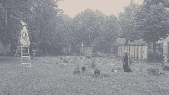 MNEMOSYNE Prelude: Elshan Ghasimi mit einer Leiter in einem Park, Gegenstände auf dem Rasen, sepiafarben