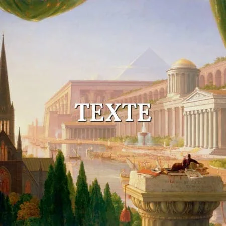 Mnemosyne Texte: Gemälde mit antiken Tempeln und Pyramide (Thomas Cole), Schriftzug über dem Bild