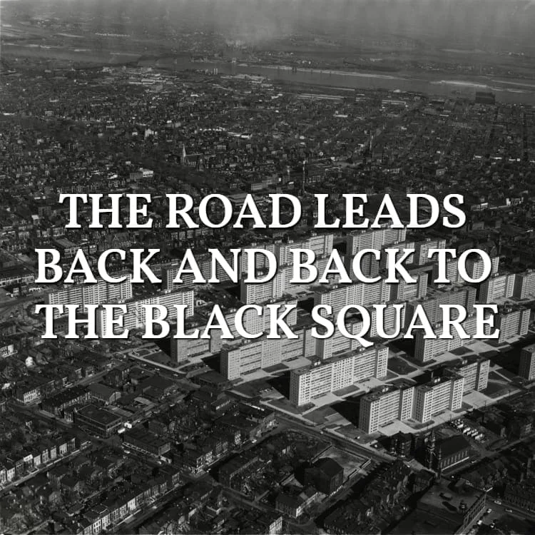 The road leads back and back to the black square: aerial view of a housing estate, black and white, with title lettering over the image
