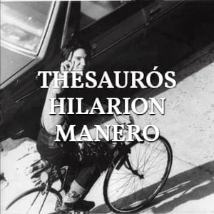 Thesaurós Hilarion Manero: ein Mann auf einem Fahrrad, Schwarz-Weiß, Schriftzug über dem Bild