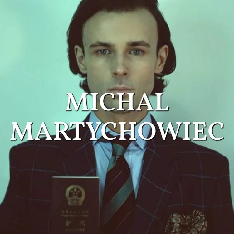 Michal Martychowiec: portrait of a young man holding an identity card, lettering over the image