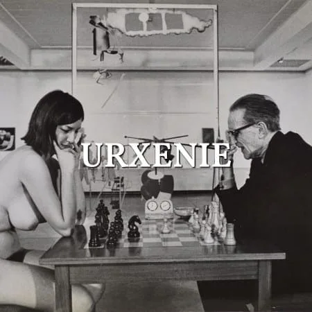 Urxenie: Marcel Duchamp playing chess with a naked Eve Babitz, title lettering over the image
