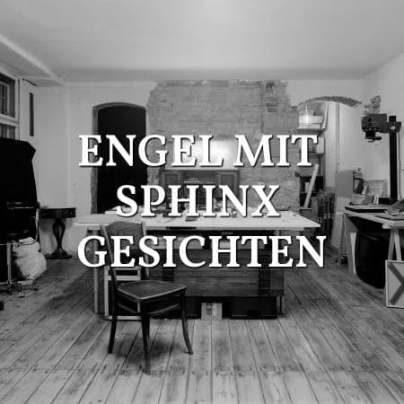 Engel mit Sphinx Gesichten: studio with a worktable, black and white, with title lettering over the image