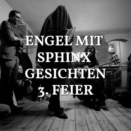 Engel mit Sphinx Gesichten, 3rd celebration: figure veiled in black among spectators, black and white, title lettering over the image